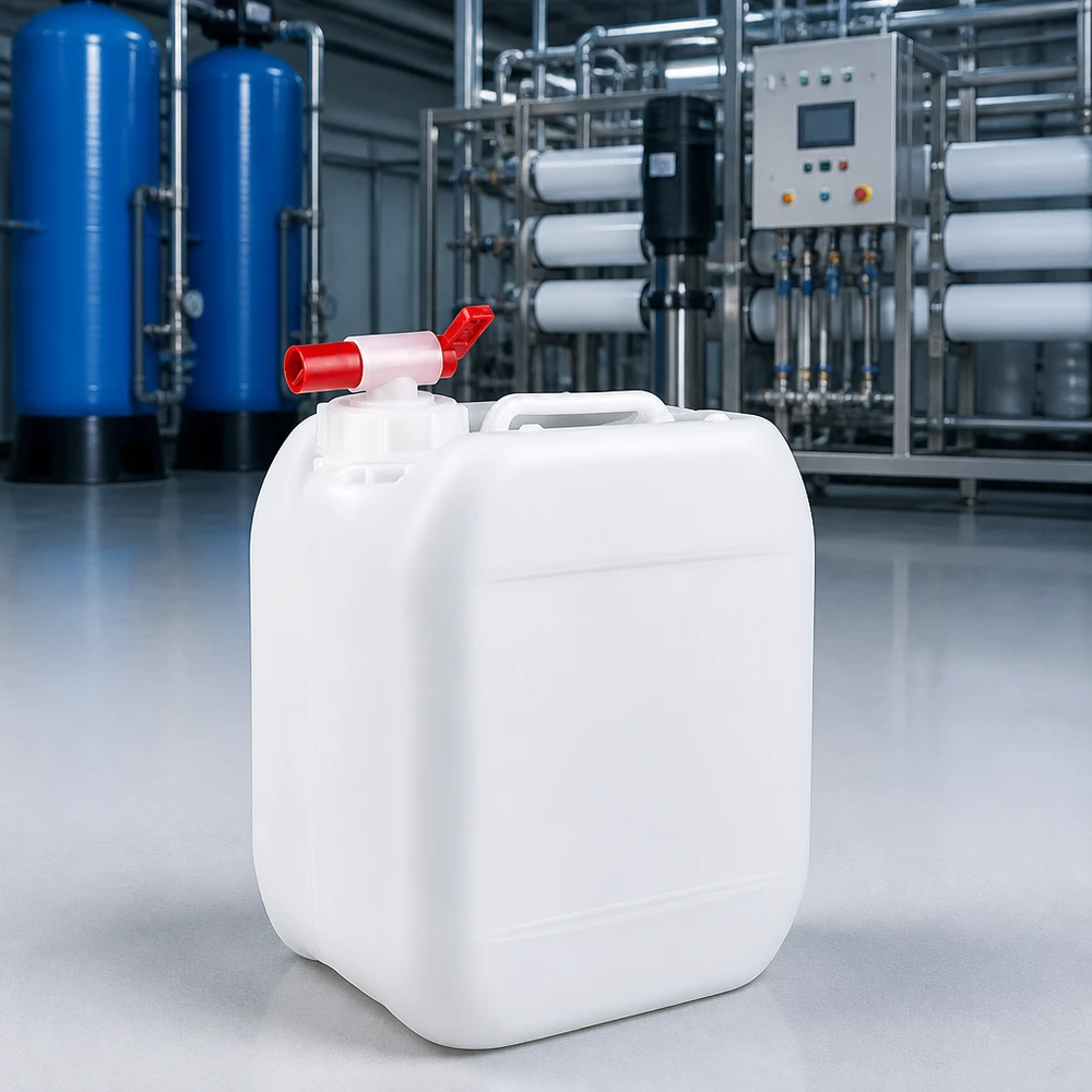 Lebensmittelechter 5 Liter Kanister mit Zapfhahn zur Chemikalienlagerung in Industriehalle
