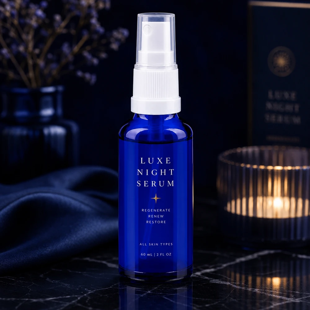 Apothekenflasche blau 30ml Sprayaufsatz weiß Kobaltblaue Glasflasche mit Sprühpumpe für Gesichtsserum im luxuriösen Nacht-Ambiente