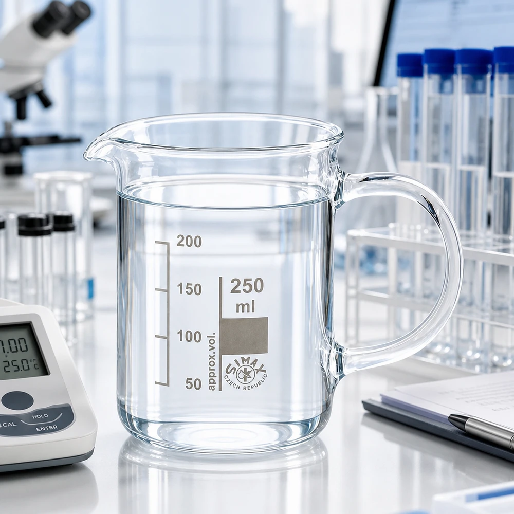 Becherglas 250ml Borosilikatglas, mit Henkel Hitzebeständiges Becherglas 250ml mit Henkel und Ausguss in professioneller Laborumgebung