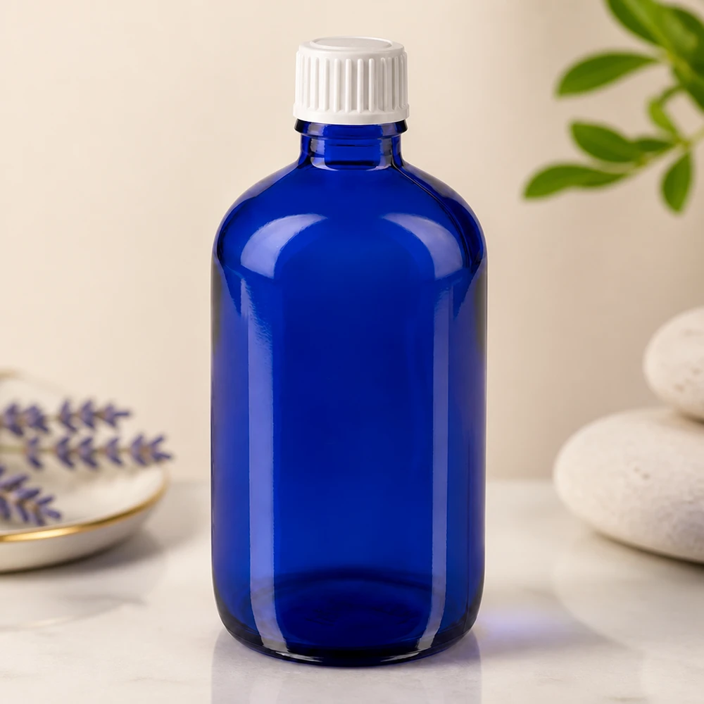 Kobaltblaue Apothekerflasche 100ml UV-Schutzglas weißer Standardverschluss 11mm