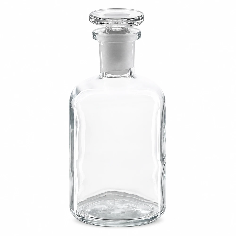 Klare Glasflasche Rundschulter 100ml Enghals mit weißem Glasstopfen für Labor
