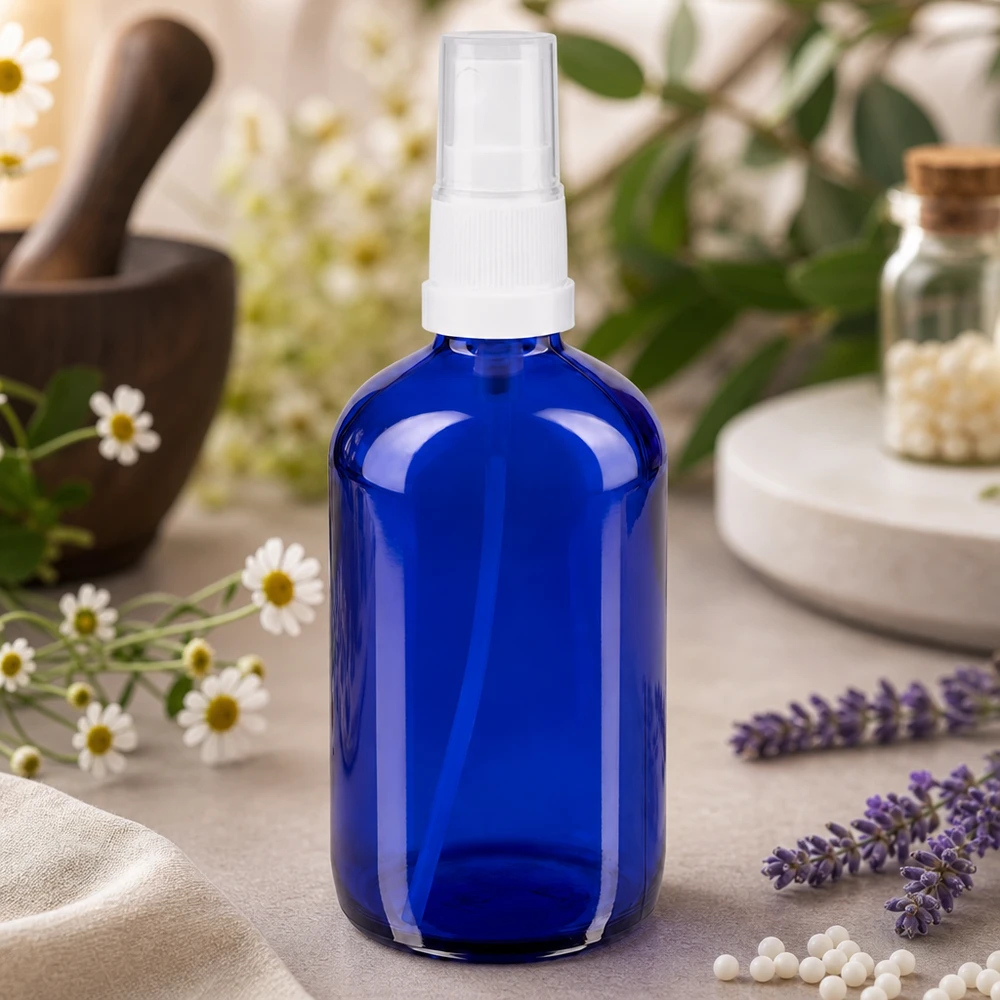 Kobaltblaue Apothekerglas Flasche 100ml mit Feinzerstäuber für Raumsprays und Aromatherapie