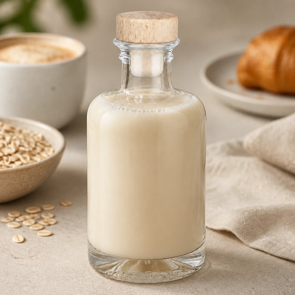 100ml Glasflasche Sofia mit Holzkorken gefüllt mit cremiger Hafermilch neben Haferflocken und Kaffeetasse Küchen Ambient