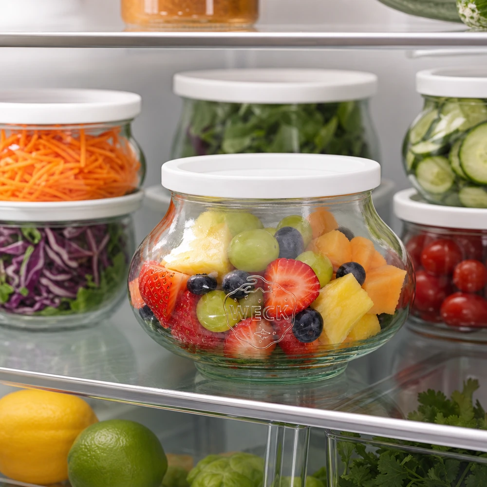 WECK Schmuckglas 560ml RR80 mit Obstsalat im Kühlschrank neben anderen Vorratsgläsern mit Gemüse und Salat