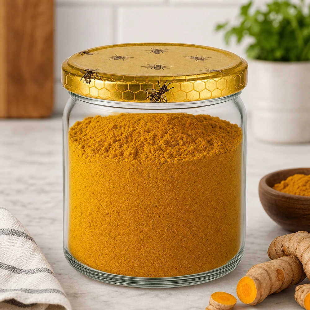 408ml Rundglas + BasicSeal Deckel Bienenwabe UNiTWIST 408ml Rundglas mit BasicSeal Bienenwaben-Deckel gefüllt mit Kurkuma-Pulver neben frischen Ingwerwurzeln