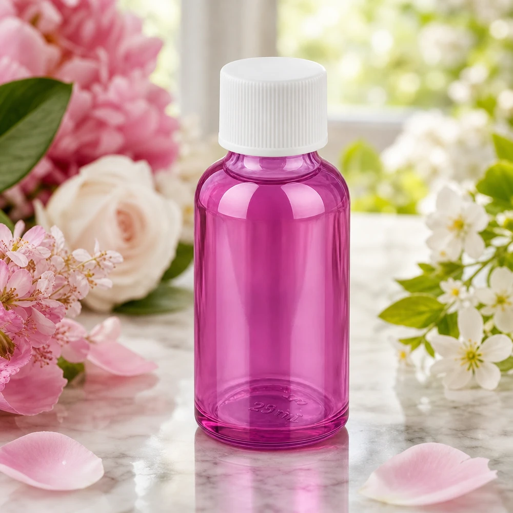 30ml Flasche 11mm Schraubverschluss weiss Standard PurpleLine UT18/30 30ml Flasche in elegantem Purple-Design mit weißem Deckel für hochwertige Kosmetikprodukte