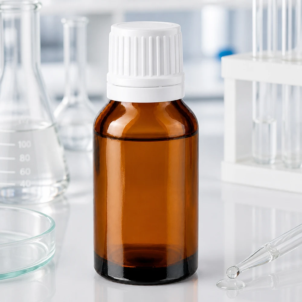 Kleine braune Glasflasche 30ml mit weißem Sicherheitsverschluss für Pharmazeutika