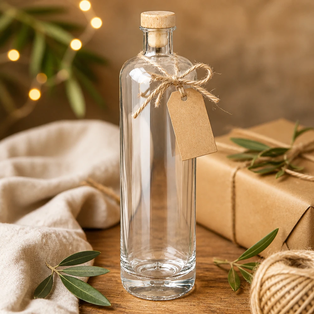 700ml Glasflasche "Eleganz" mit Holzgriffkorken UNiTWIST® 700ml Glasflasche Ella leer mit Holzkorken und Geschenkanhänger in festlicher Weihnachts-Dekoration mit Lichterkette