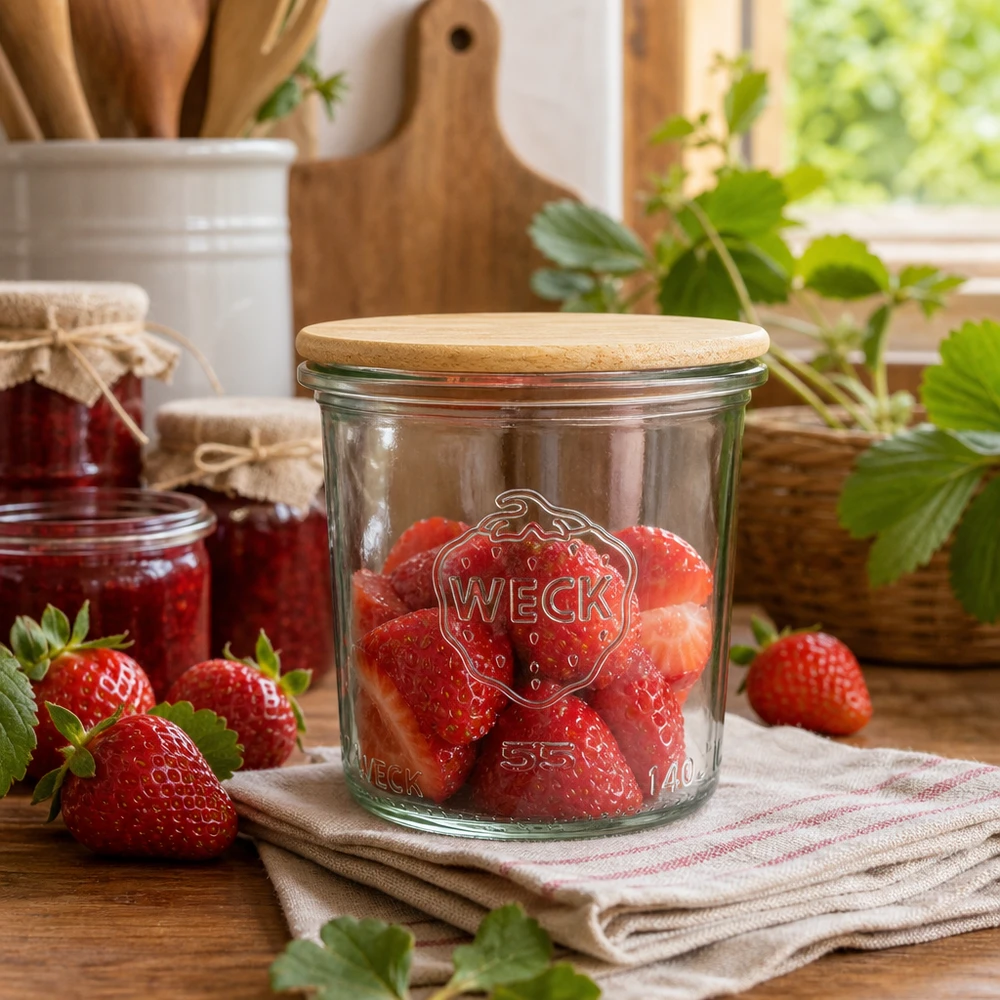 140ml Sturzglas WECK RR60 mit Holzdeckel WECK Sturzglas 140ml RR60 mit frischen Erdbeeren befüllt zeigt praktische Verwendung in rustikaler Küchenumgebung