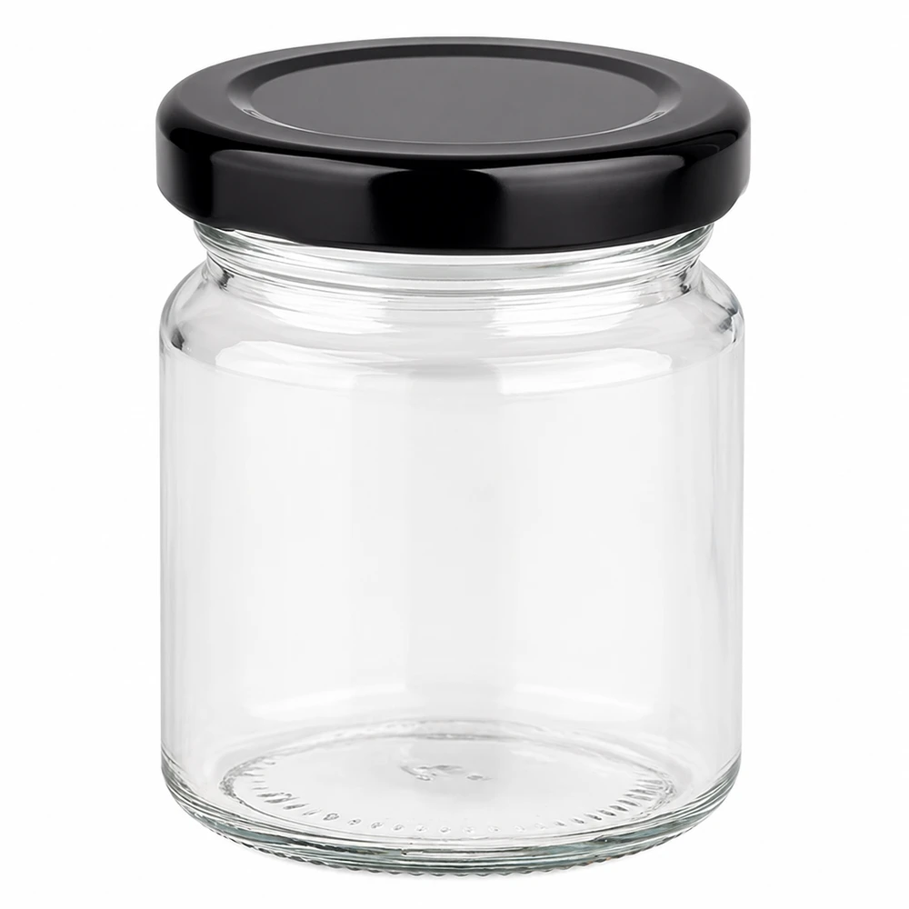 53ml Rundglas mit schwarzem BasicSeal Deckel leer auf weißem Hintergrund kleine Glasdose für Konservierung
