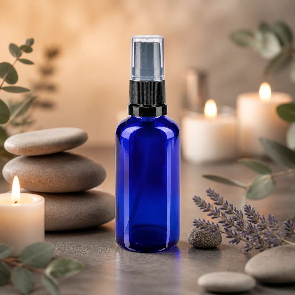 Kobaltblaue Glasflasche 50ml mit Pumpzerstäuber für Aromatherapie und Wellnessprodukte