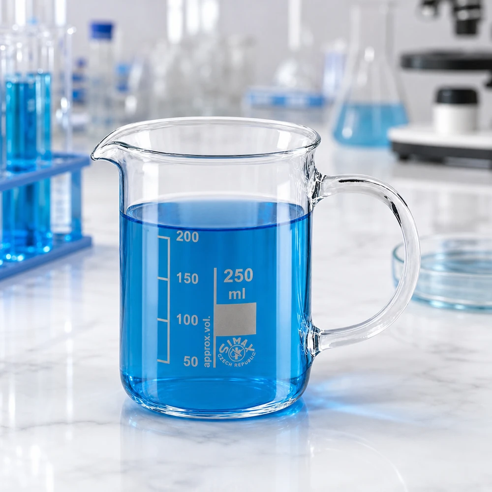 Becherglas 250ml Borosilikatglas, mit Henkel Becherglas mit Henkel 250ml Borosilikatglas neben Reagenzgläsern und Erlenmeyerkolben