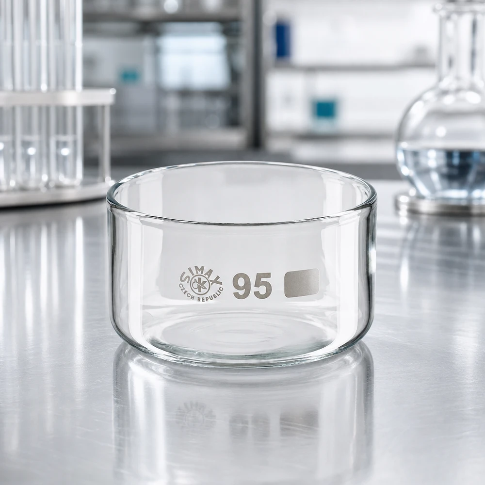 Simax Kristallisierschale 95mm Durchmesser klares Glas Labortisch Erlenmeyerkolben Hintergrund