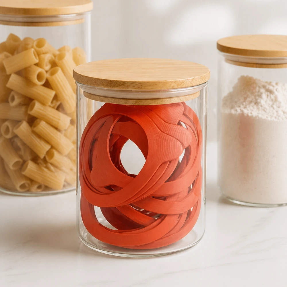 Orange Einkochringe RR80 aus Naturgummi in Vorratsglas neben Pasta und Mehl - praktische Küchenorganisation