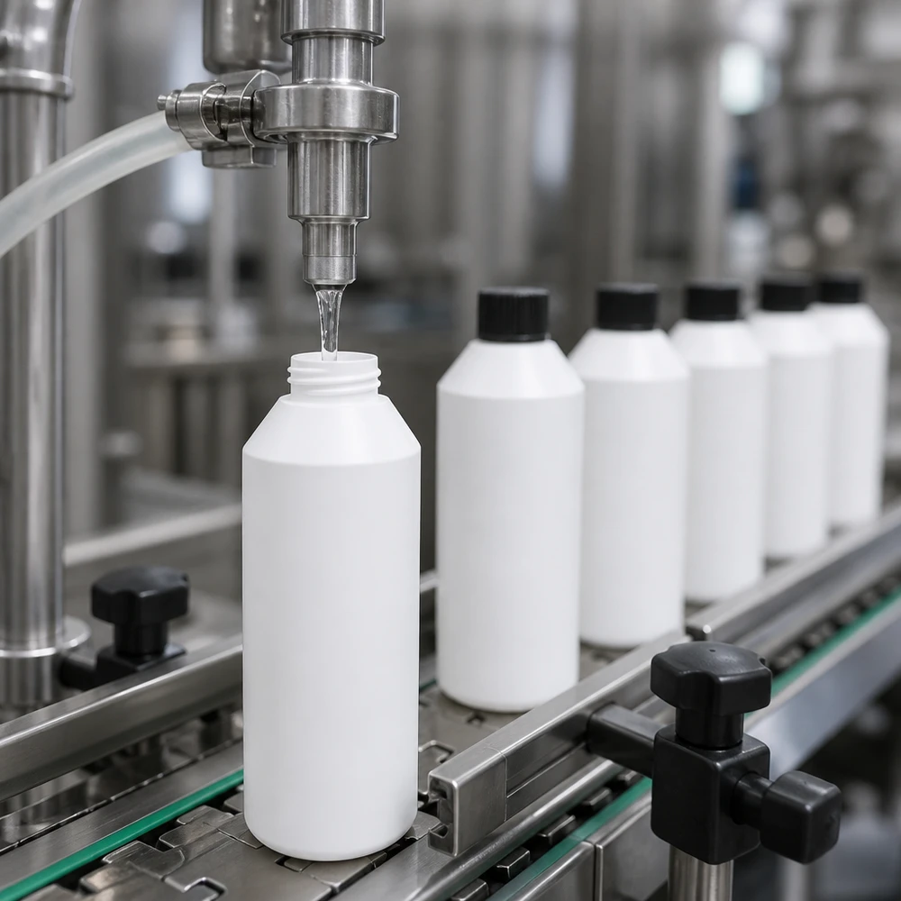 Apothekenflasche HDPE 250ml weiß, mit schwarz Schraubverschluss Pharmazeutische Abfülllinie mit weißen 250ml HDPE Apothekenflaschen und schwarzem Verschluss