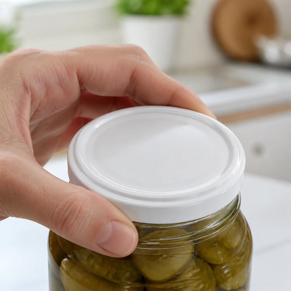 UNiTWIST TO58 weiss, BioSeal, BPA-NI, unitemp UNiTWIST TO58 BPA-freier weisser Metalldeckel auf gefülltem Gurkenglas Anwendungsbeispiel