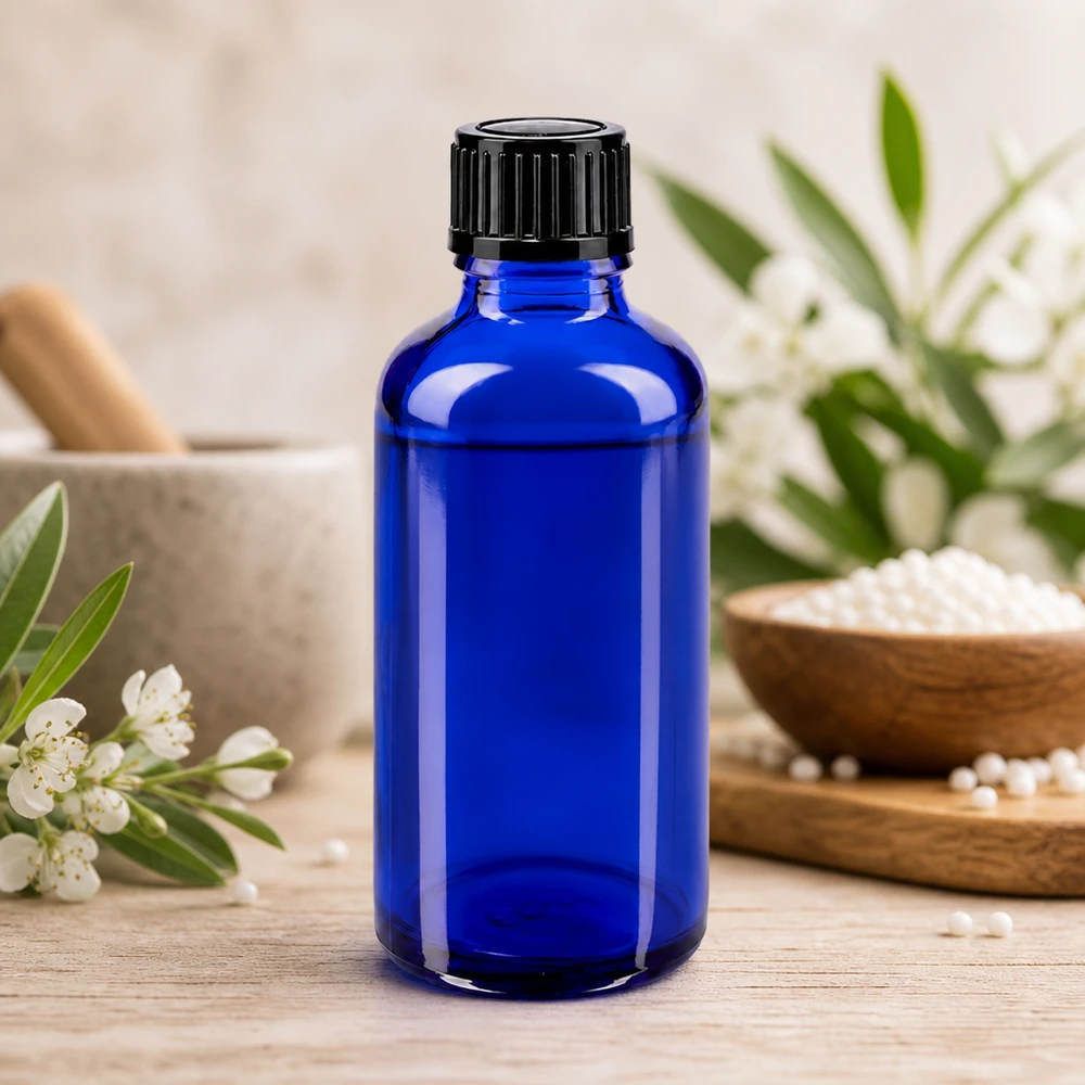 Blaue Lichtschutzflasche 50ml mit 1mm Präzisionstropfer für ätherische Öle und Tinkturen