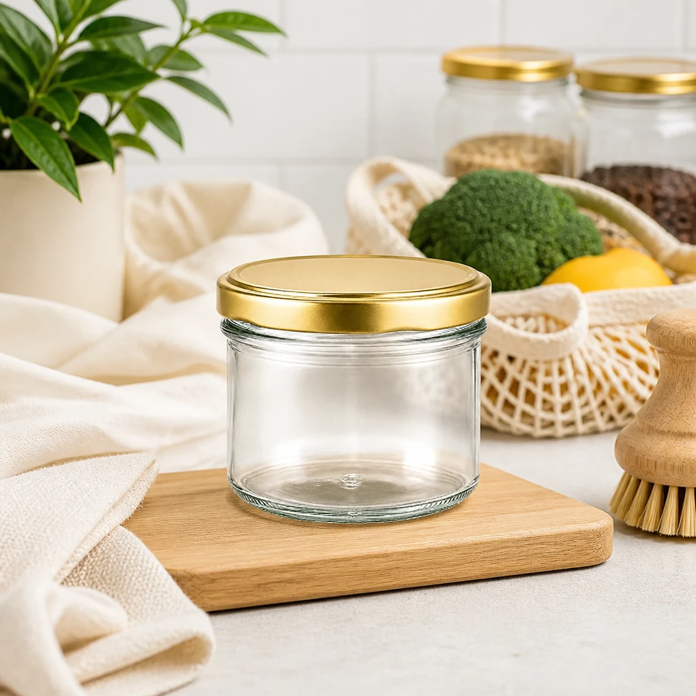 225ml Sturzglas mit BasicSeal Deckel gold UNiTWIST 225ml Sturzglas UNiTWIST gold leer auf Holzbrett in nachhaltiger Zero-Waste Küche mit Gemüse und Naturfasern