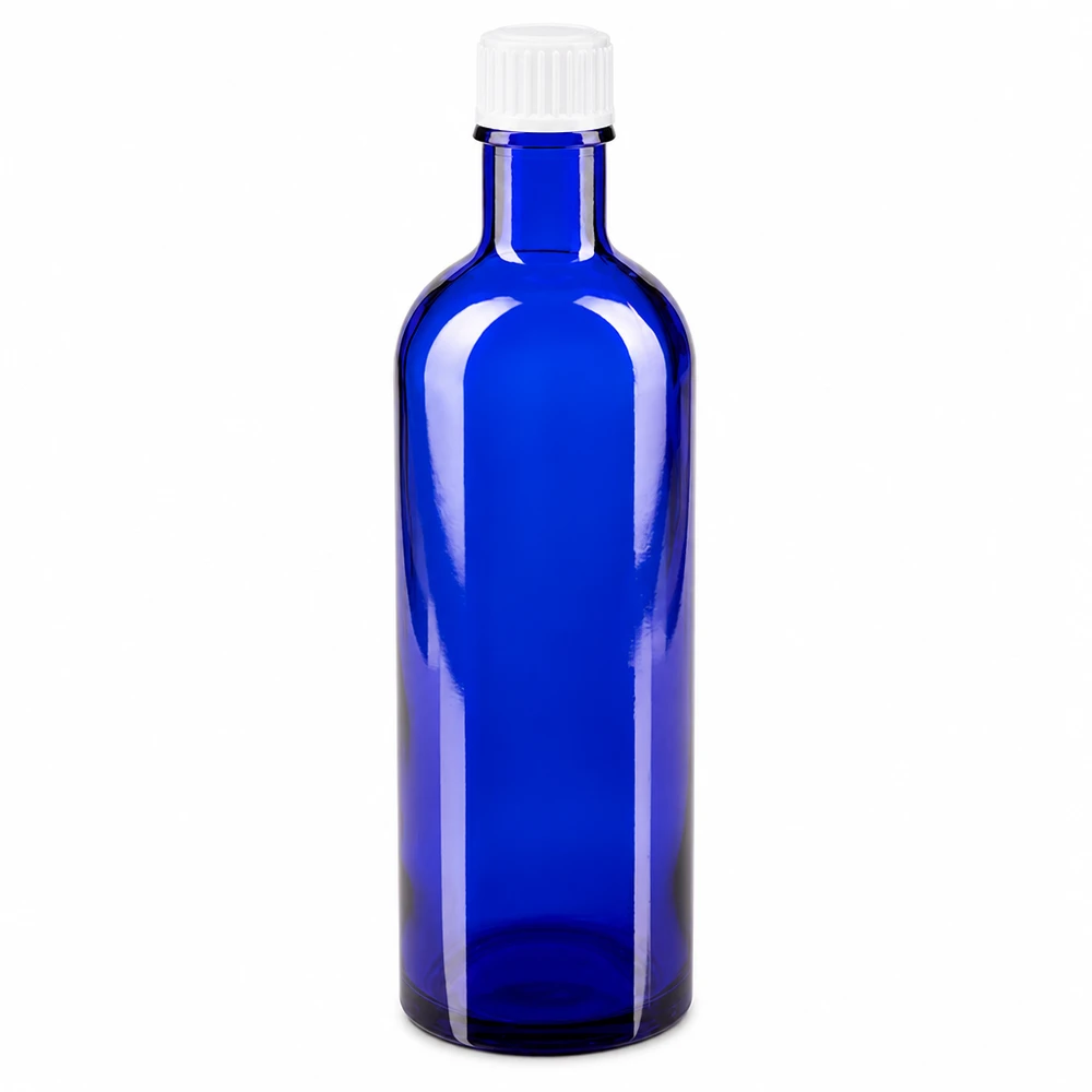 Apothekenflasche blau 200ml Schraubverschluss weiß Standard Kobaltblaue Glasflasche 200ml mit kindersicherem weißen Schraubdeckel
