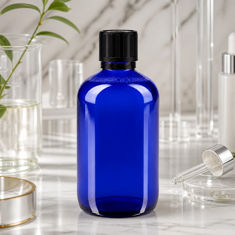 Apothekenflasche blau 100ml Tropfer Premium 1mm schwarz Kindersicherung Blindenwarnsymbol Originalitätsverschluss 100ml kobaltblaues Apothekerglas mit schwarzem Schraubdeckel und präzisem 1mm Einsatz