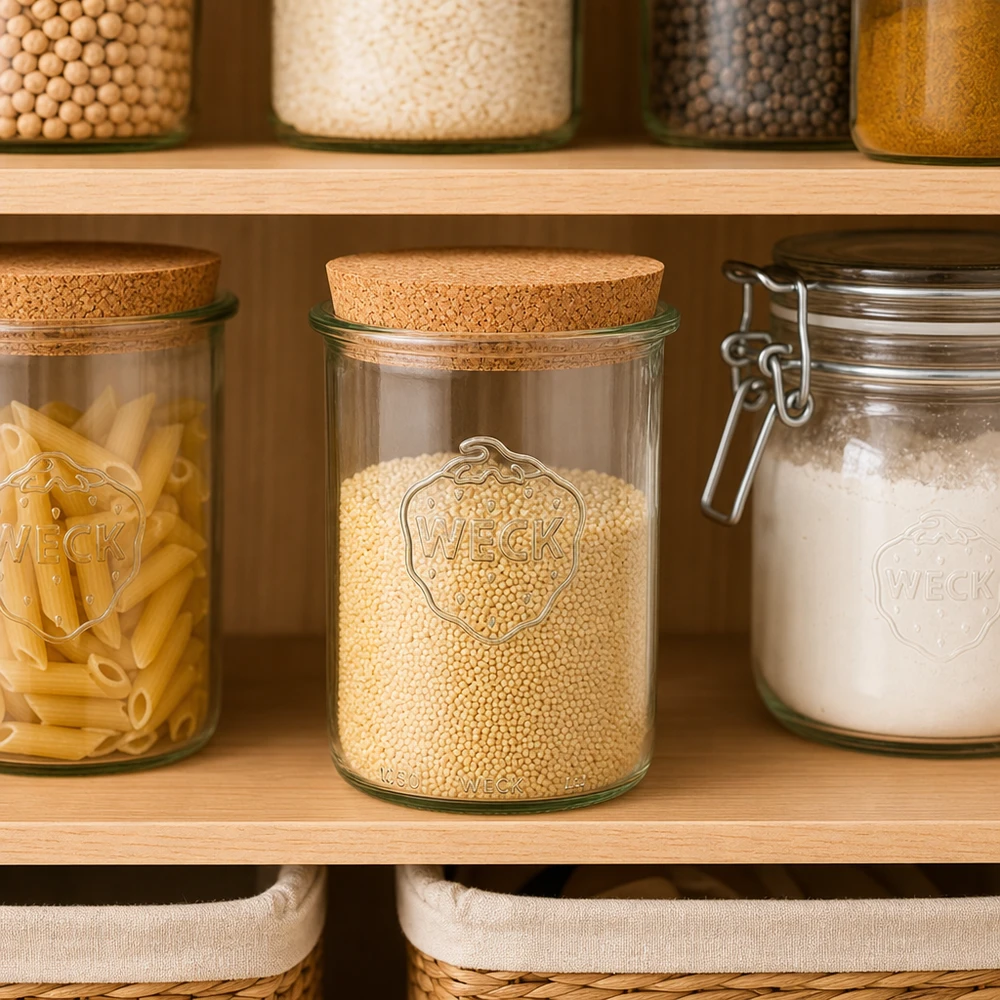 WECK Sturzglas 1000ml RR100 mit Korkdeckel in organisierter Vorratskammer gefüllt mit Hirse neben Pasta und Mehl