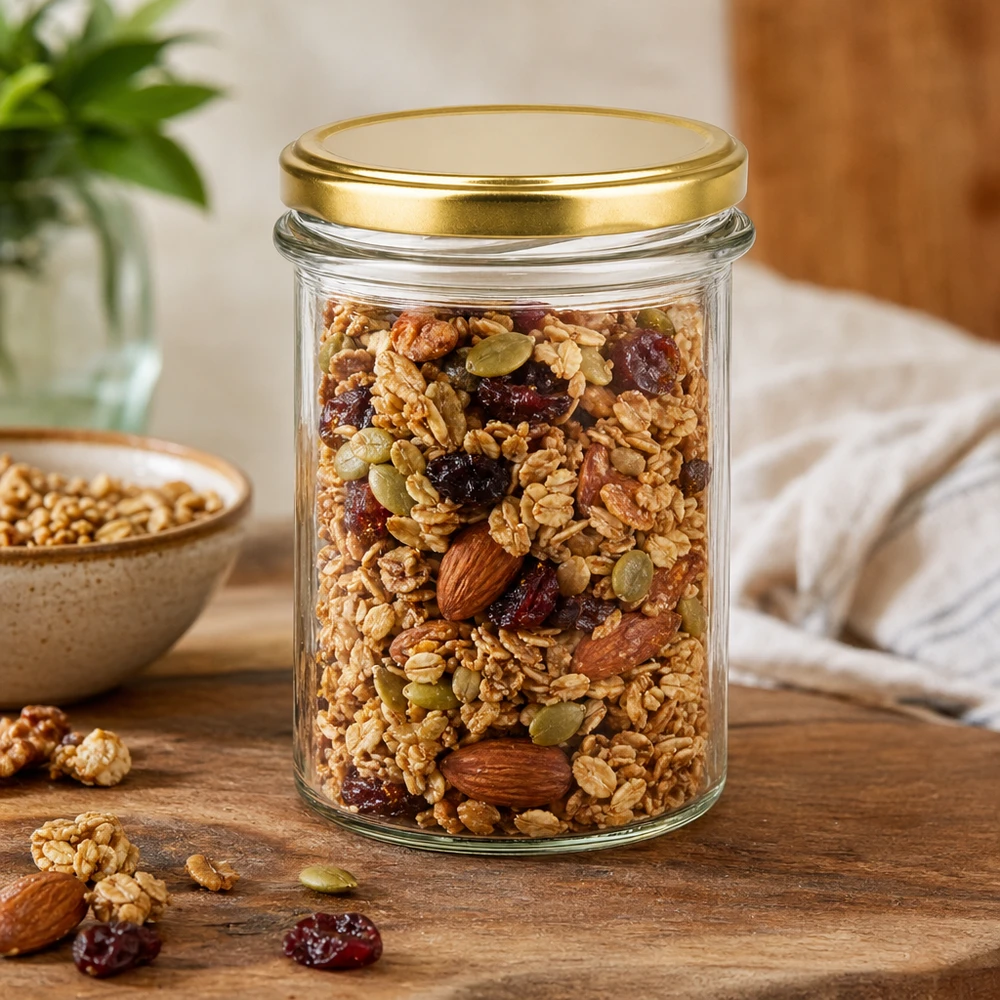 230ml Sturzglas BasicSeal Deckel gold gefüllt mit Müsli Nüssen Trockenfrüchten zur Aufbewahrung auf Holztisch