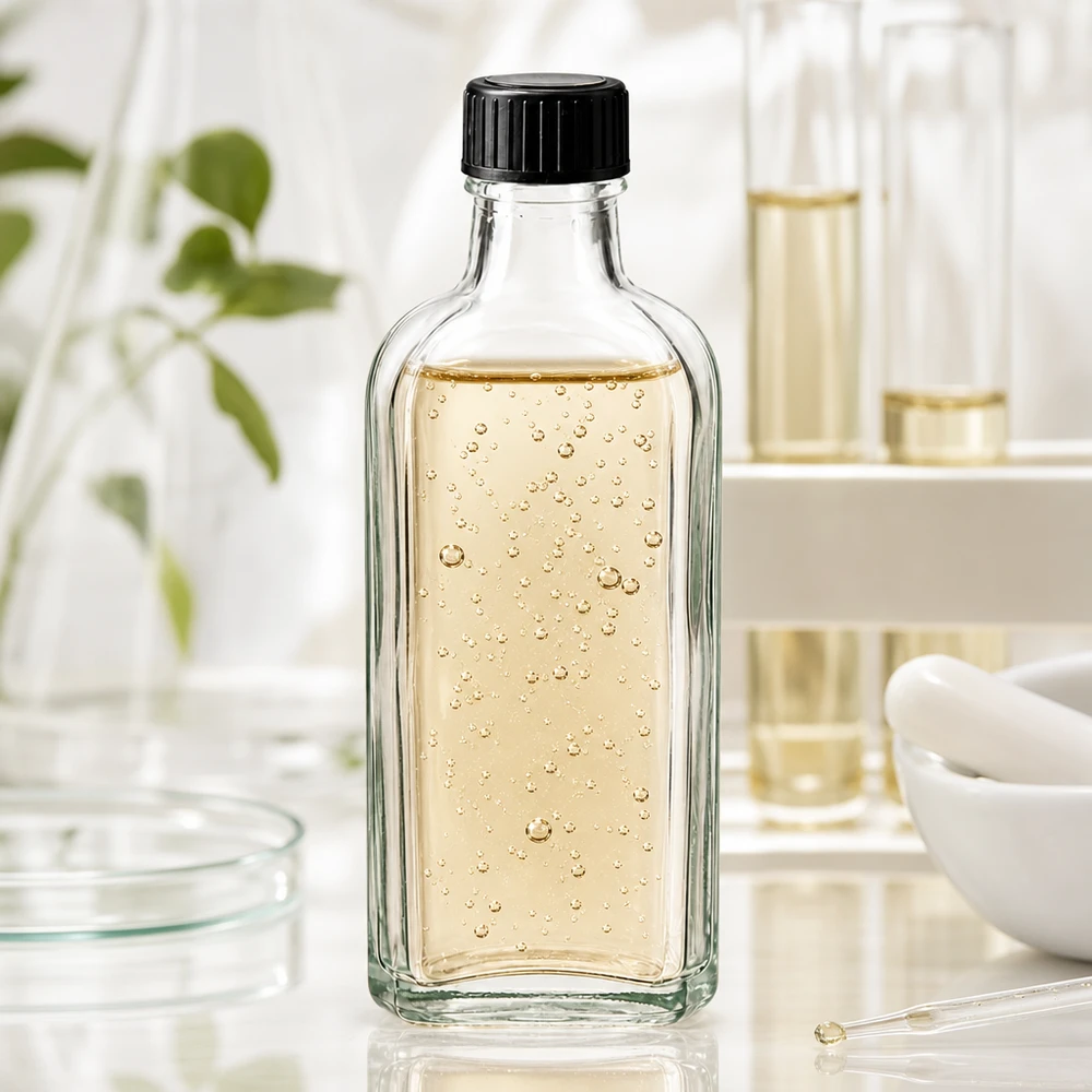 Transparente Meplat Flasche 100ml mit LKD-Dichtscheibe und goldfarbenem Öl im Laborumfeld