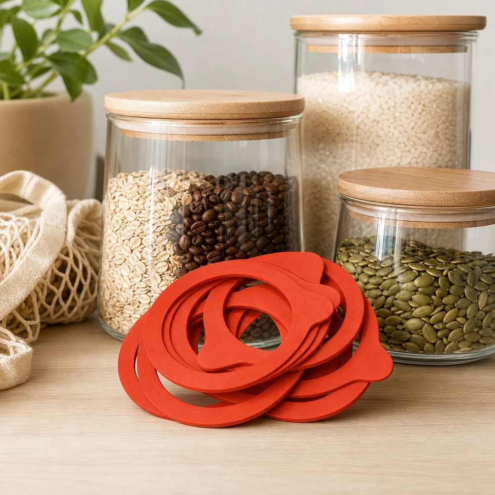 Einkochring Naturgummi RR80 Einkochring RR80 Naturgummi orange in moderner Vorratsküche mit Glasdosen Hülsenfrüchte Getreide nachhaltiges Einkochen