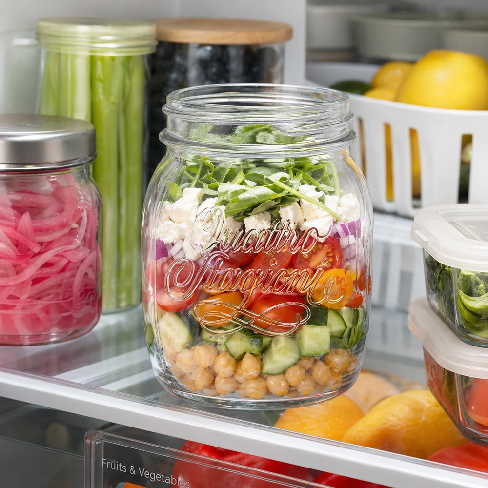 Quattro Stagioni 700ml Haushaltsglas mit buntem Schichtsalat im Kühlschrank - perfekt für Meal Prep und Vorratshaltung