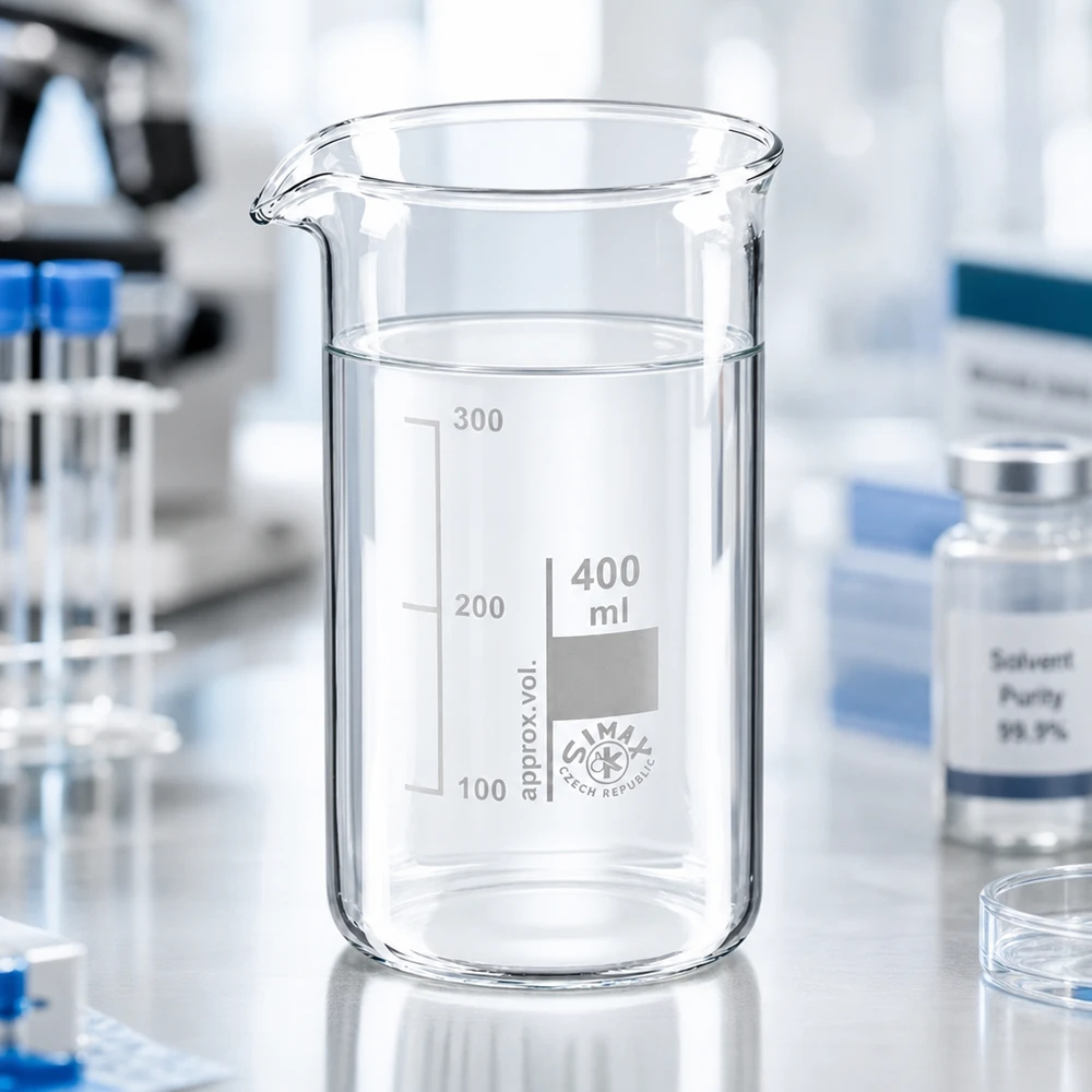 Becherglas 400ml Borosilikatglas, hohe Form Leeres Becherglas 400ml hohe Form aus chemikalienbeständigem Glas neben Lösungsmittelflasche