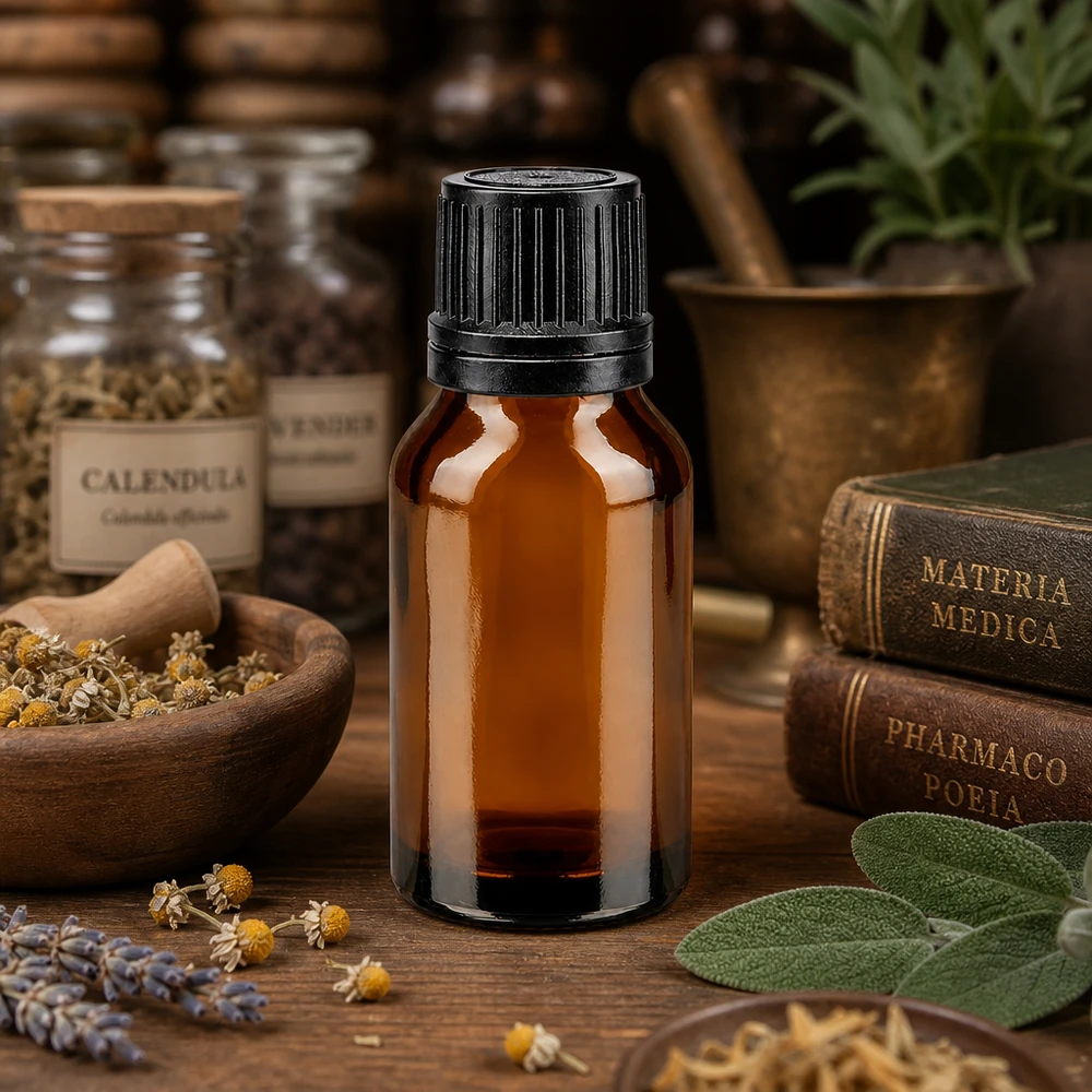 Kleine braune Tropfflasche 15ml zwischen Calendula Lavendel und Salbei auf Holzoberfläche