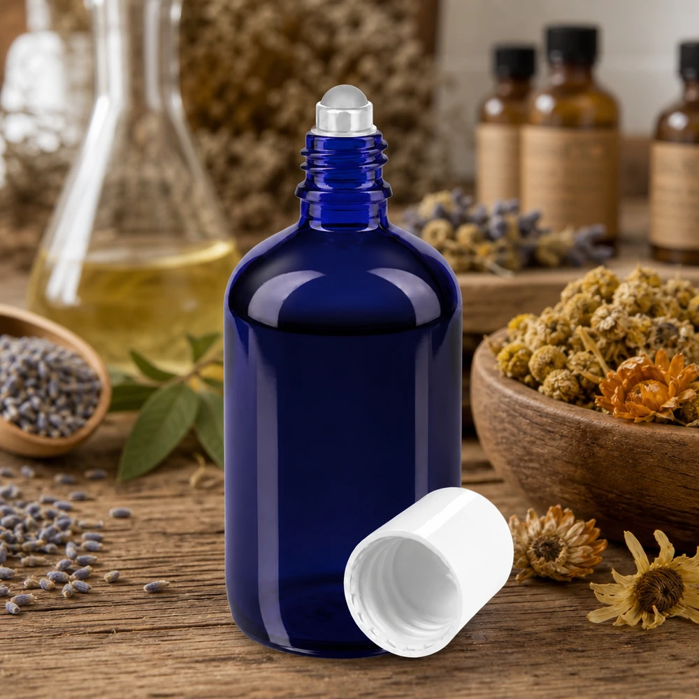 Apothekenflasche blau 100ml Roll-On Verschluss weiß Blaue Roll-On Flasche 100ml STD mit weißem Deckel in naturheilkundlicher Umgebung