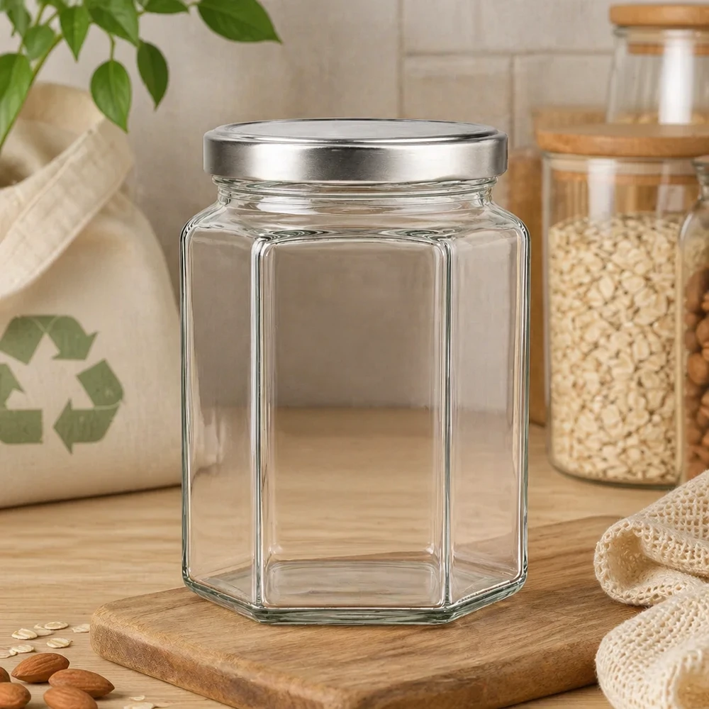 288ml sechseckiges Einmachglas mit silbernem Deckel auf Holzbrett in nachhaltiger Zero-Waste Küche mit Vorratsgläsern