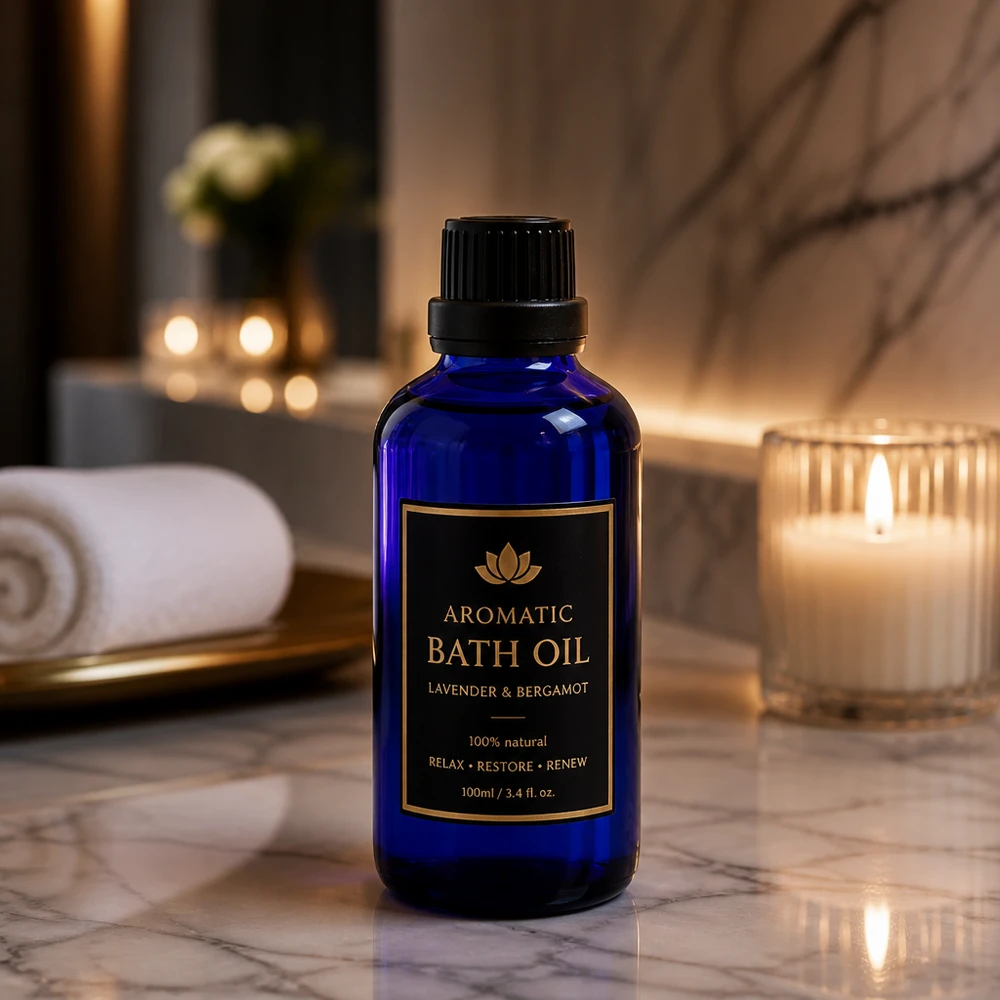 Apothekenflasche blau 50ml Tropfverschluss Giessring 2mm schwarz Originalitätsverschluss Kobaltblaue 100ml Glasflasche mit Tropfeinsatz für Badeöl mit Lavendel und Bergamot im Spa-Ambiente