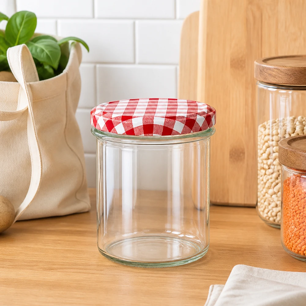 350ml Sturzglas + BasicSeal Deckel rot/weiß UNiTWIST 350ml Sturzglas leer auf Küchenarbeitsplatte neben Vorratsgläsern, rot-weiß karierter Deckel für stylische Aufbewahrung
