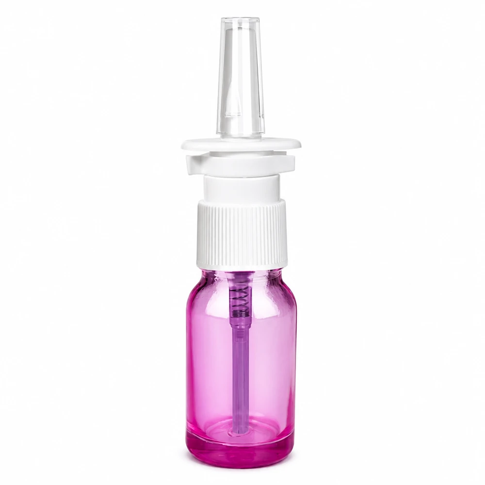 10ml Nasensprayflasche weiß/transparent Standard PurpleLine. UT18/10 Kompakte Medizinflasche 10ml transparent-lila mit Nasensprühaufsatz