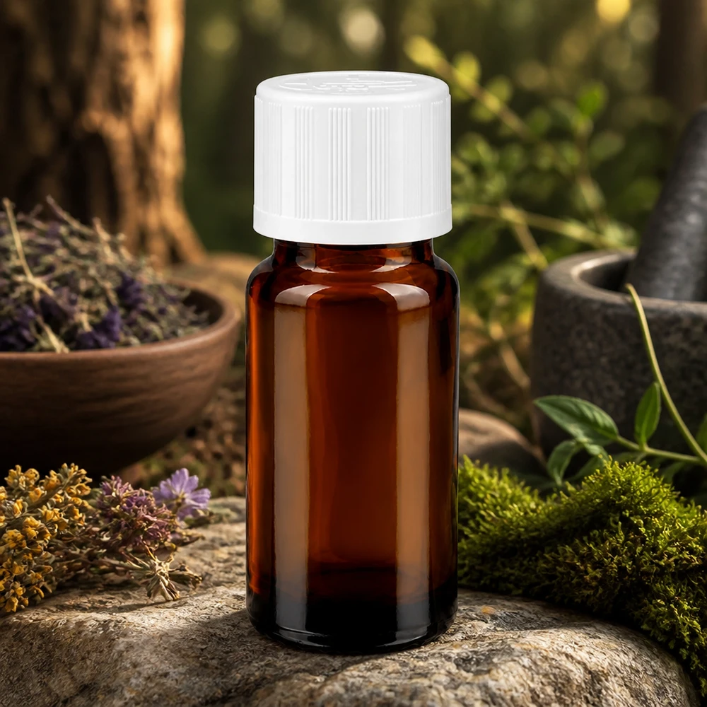 Apothekerflasche 10ml Braunglas mit kindersicherem Weißdeckel in naturnaher Kräuterumgebung