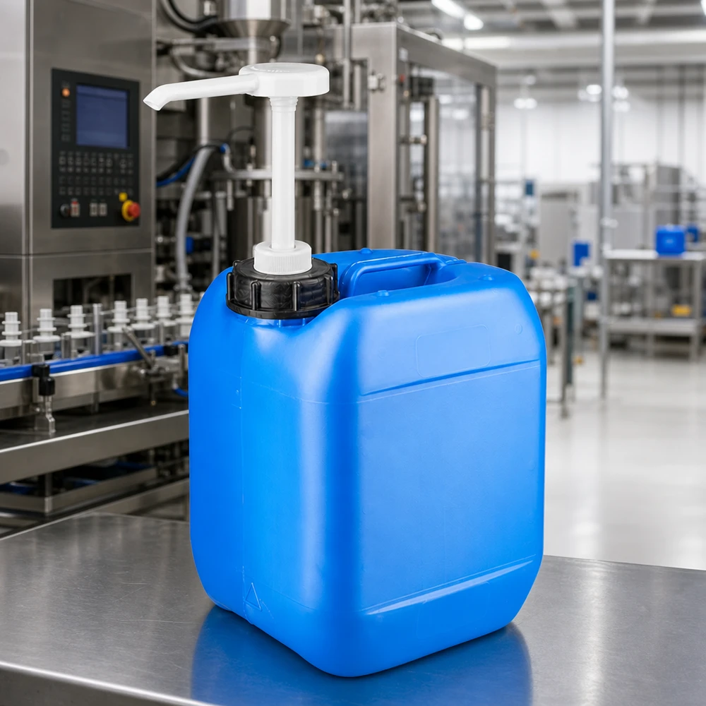 Robuster HDPE Kanister 5 Liter blau mit weißer Pumpvorrichtung in Produktionshalle