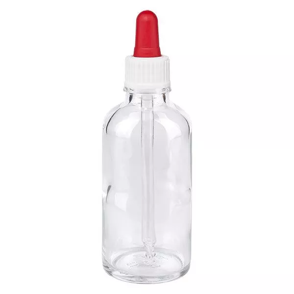 Apothekenflasche klar 50ml Pipette weiß/rot Standard Apothekenflasche klar 50ml Pipette weiß/rot Standard