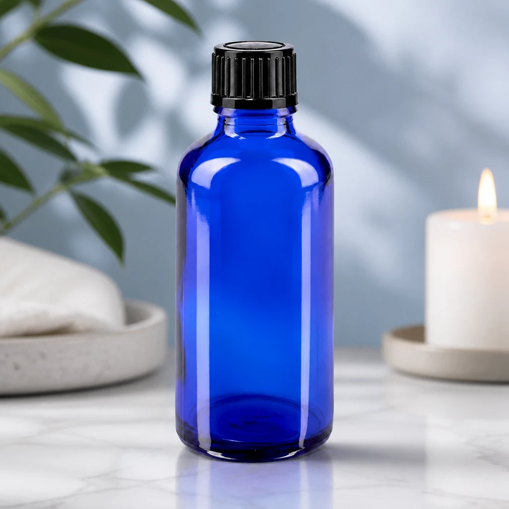 Apothekenflasche blau 50ml Tropfverschluss 1mm schwarz Standard Blaue Glasflasche 50ml mit 1mm Dosieröffnung für ätherische Öle und Aromatherapie