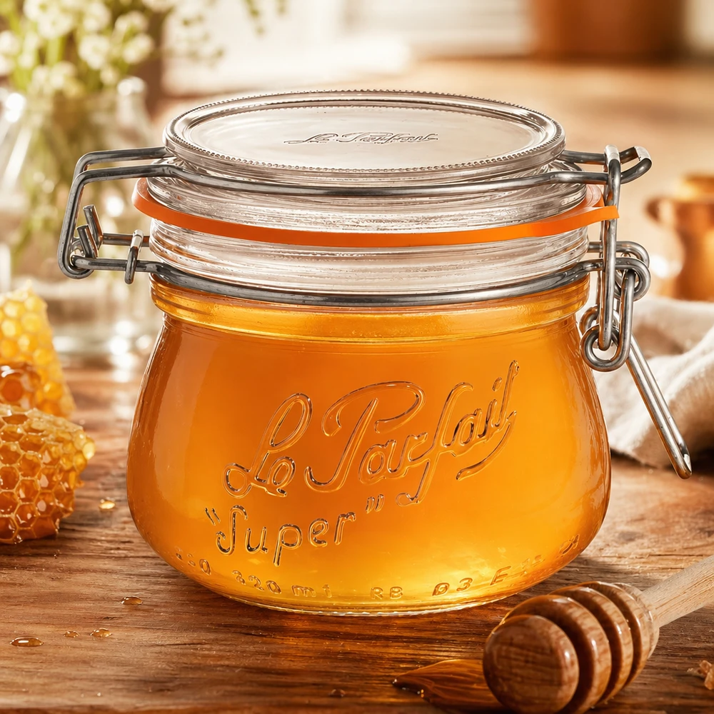 250ml Le Parfait Super Vorratsglas mit Bügelverschluss gefüllt mit Honig auf Holzbrett mit Honiglöffel