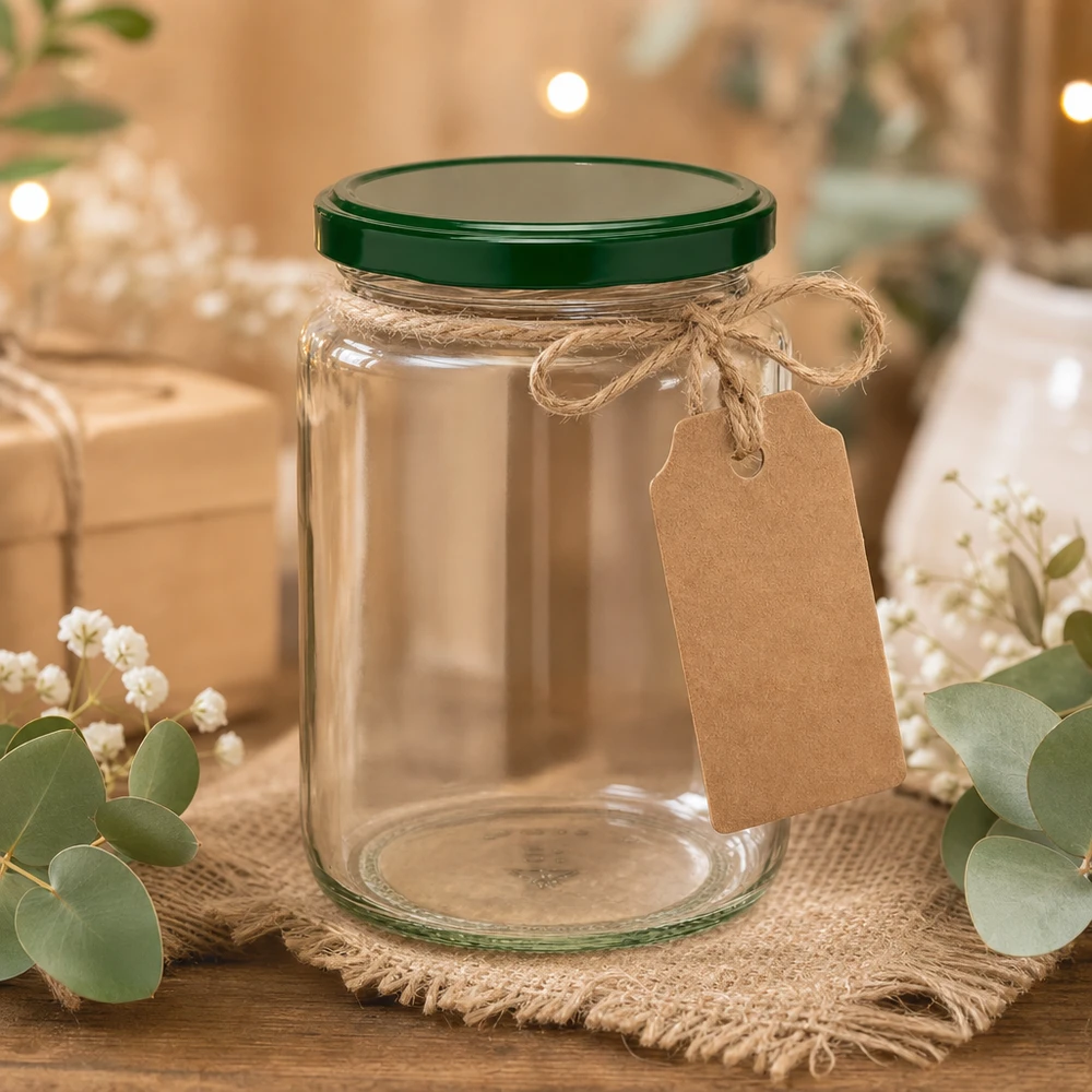 795ml UNiTWIST Rundglas mit grünem Deckel, Kraftpapier-Anhänger und Juteschnur - rustikale Geschenkverpackung