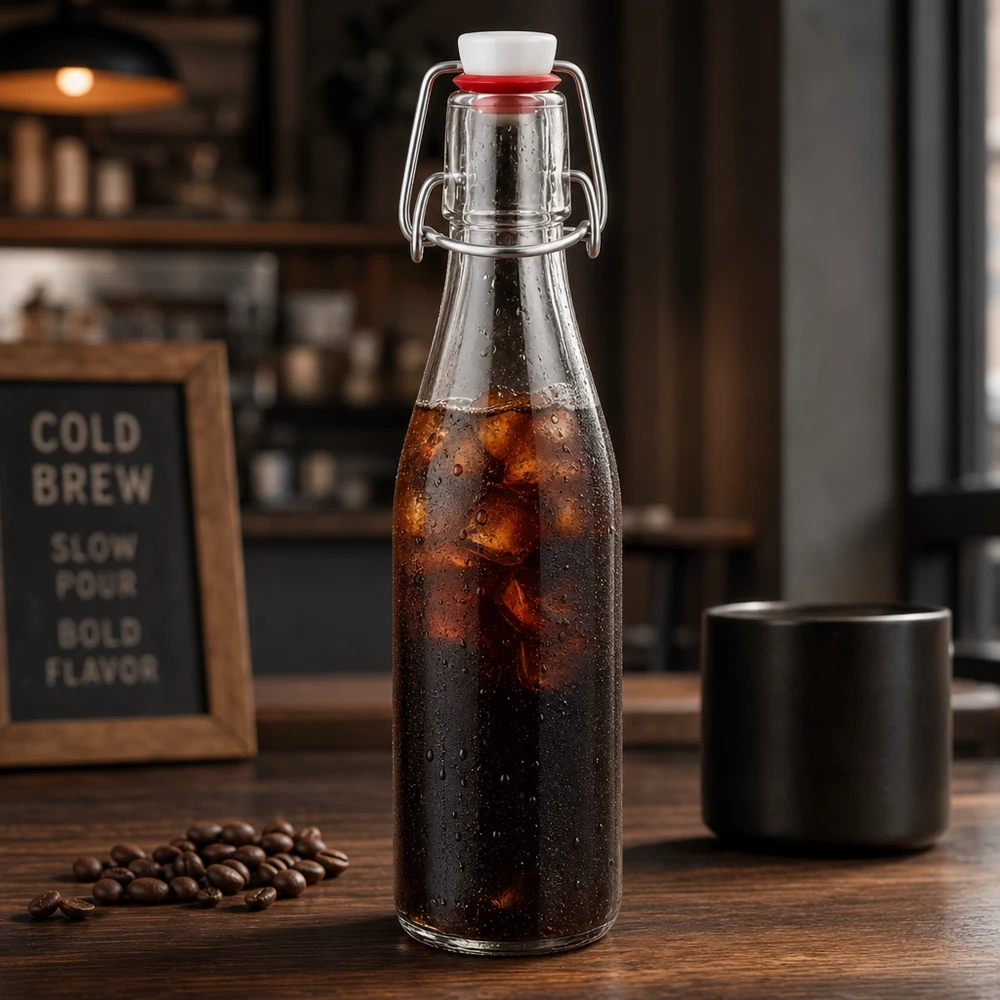 250ml Glasflasche und Bügelverschluss Porzellan UNiTWIST 250ml Glasflasche mit Bügelverschluss Cold Brew Kaffee, Kaffeebohnen und schwarze Tasse auf Holztisch