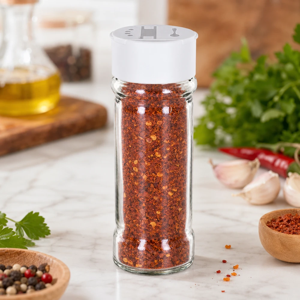 Salz-/Gewürzglas 100ml mit Doppelstreuer weiss Transparentes Salzglas 100ml mit praktischem Doppelstreuer neben frischen Kräutern und Knoblauch