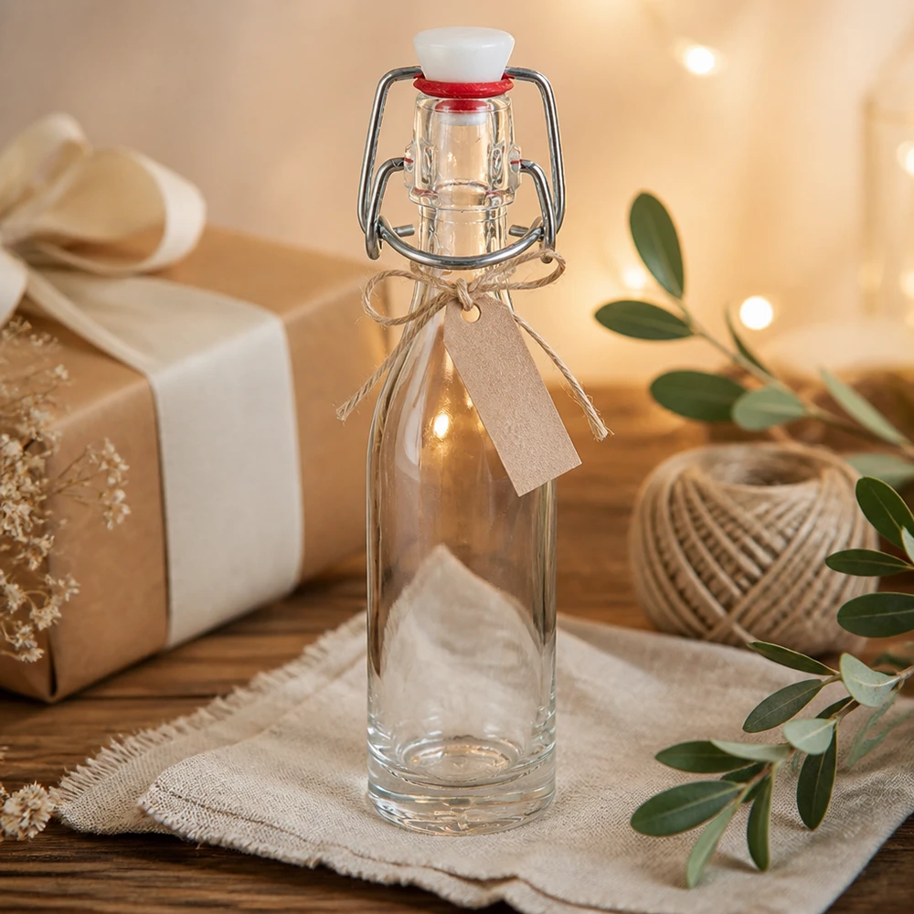 50ml Glasflasche und Bügelverschluss PVC UNiTWIST Dekorative 50ml Glasflasche mit Bügelverschluss und braunem Geschenkband in natürlicher Ambiente-Szene