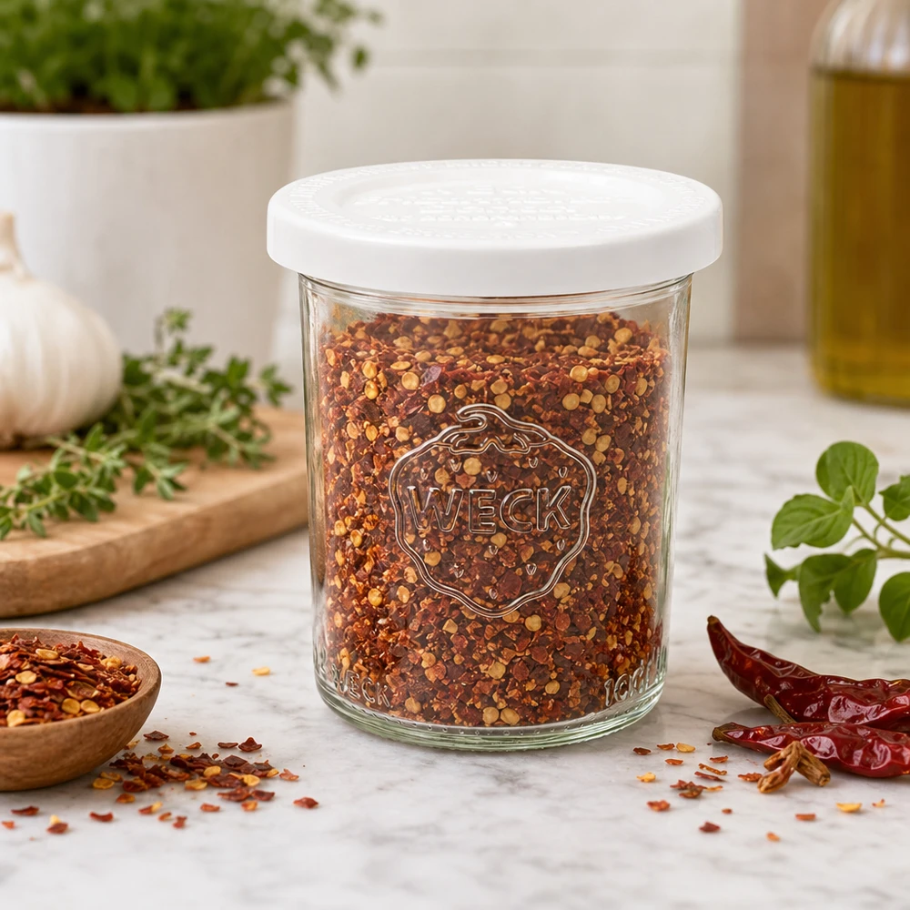 160ml Sturzglas mit Frischedeckel WECK RR60 WECK 160ml Sturzglas RR60 mit Chili-Gewürzmischung gefüllt in moderner Küche - vielseitiges Gewürzglas für Kräuter