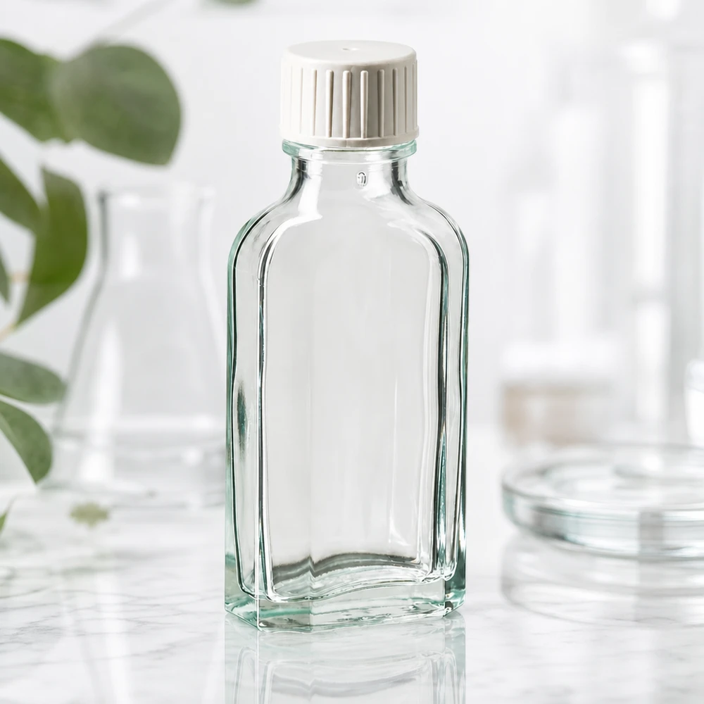 Rechteckige Klarglasflasche 50 ml mit gerilltem Weißdeckel auf Marmor