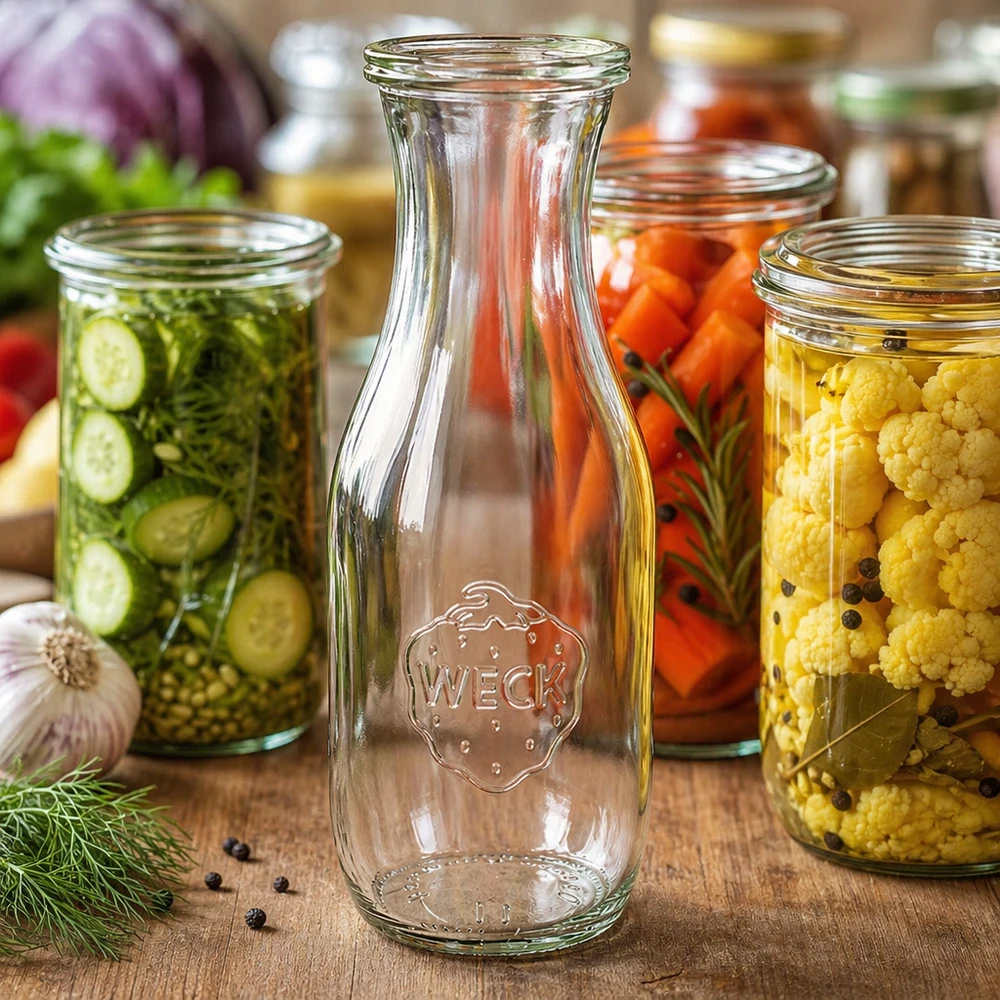 WECK Glasflasche 1062ml leer mit Logo neben bunten Einmachgläsern mit Gemüse und Gewürzen auf Holztisch