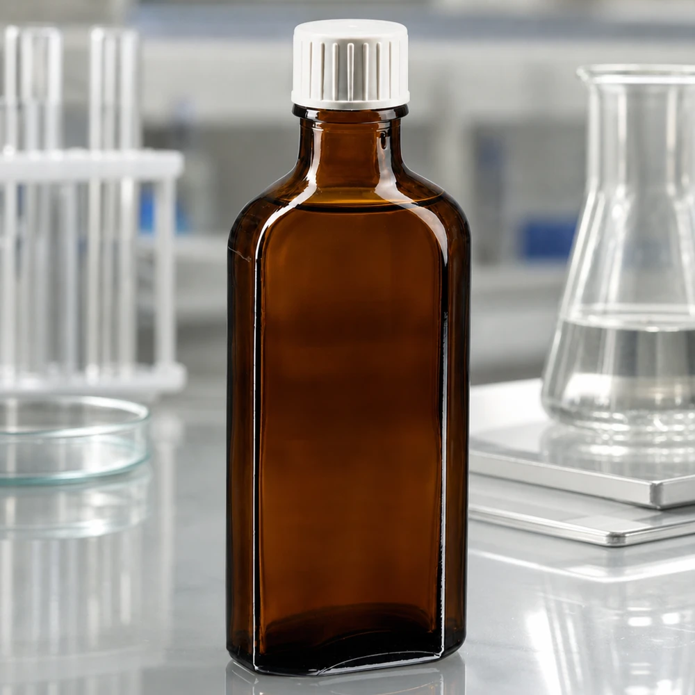 Flache eckige 100 ml Braunglas Flasche mit Dosiergießring und weißem Schraubverschluss