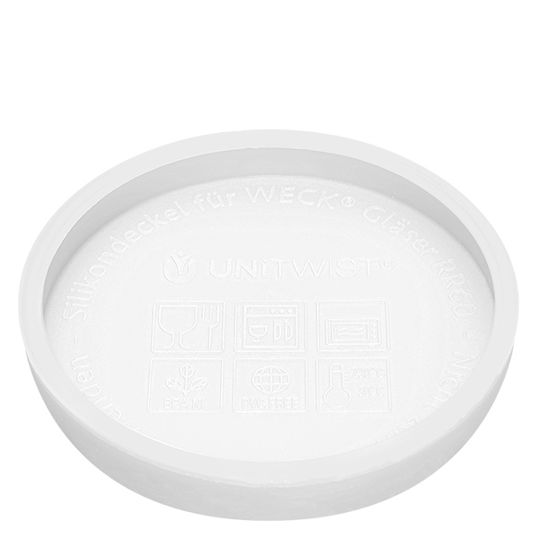 165ml Sturzglas WECK RR80 mit Silikondeckel weiß UNiTWIST Silikondeckel weiß für WECK Gläser RR80 Unterseite mit Herstellerprägung und Produktbezeichnung